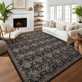 Garvee Boho Area Rug - Soft Washable Printed Floral Rug, Low Pile Non Shedding Non Slip Rug, Indoor Foldable Vintage Rug Carpet - Blue-Black