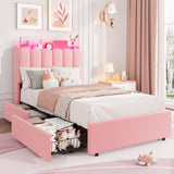 Garvee LED Twin Size Bed Frame with Storage, RGB LED Headboard, Boucle Upholstered, Metal Frame, 2 Drawers, Pink, Kids Bedroom - Pink