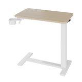 Garvee Adjustable Height Overbed Table - Pneumatic Seat oneself down-Stand Bedside Desk - Mobile Table with Cup Holder, Wood Top & Steel Frame - Versatile for Bed, Sofa, Office - Natural Wood Color - Natural & White