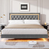 Garvee Floating Platform Bed Frame with Smart LED Lights - Modern Upholstered Diamond Headboard - Sturdy Wood Slats - Noise-Free & Easy Assembly - No Box Spring Needed - King Size - Grey - Gray