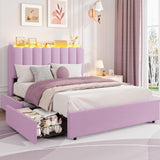 Garvee Full Size Kids Bed Frame with Storage, RGB LED Headboard, Plush Boucle Upholstery, Metal Frame, 2 Drawers, Purple, Bedroom - Purple