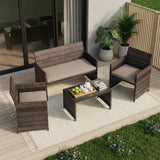 Garvee 4-Piece Patio Bar Set - All-Weather PE Rattan Outdoor Conversation Furniture - Cushioned Chairs & Tempered Glass Table - Ideal for Backyard & Porch - Brown Gradient Rattan with Grey Cushions - Brown & Grey