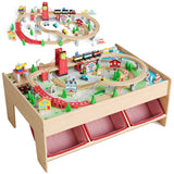 Garvee 2-in-1 Wooden Train & Reading Table Set with 92-Piece Tracks, Multi-Level 3D Play, Solid Wood, Storage Drawers, City Theme, Toddler Activity Table for Ages 3+