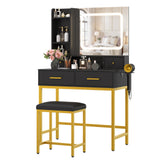Garvee Vanity Desk, Makeup Vanity Desk with Mirror and Lights 3 Colors, Dressing Table with Chair, Makeup Table Set with 4 Drawers, Power Outlet & Storage Shelves, for Bedroom, White - Black