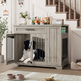 Garvee Wooden Dog Crate Furniture with Feeding Bowls & Storage, Heavy Duty Indoor Dog Kennel End Table, Decorative Furniture Dog Crate for Small Medium Large Dogs, Gray - Gray