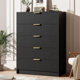 Garvee 5 Drawer Dresser for Bedroom 41 Inch Tall Vertical Fluted Chest of Drawers with Gold Metal Handles Multi Function Storage Organizer Pink Finish - Black