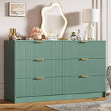Garvee 55" Wide Modern Fluted Double Chest of 6 Drawer Dressers for Bedroom with Golden Metal Handles, Multi-Function Home Organizer and Large TV Stand for Living Room, Entryway, Hallway, Green - Green