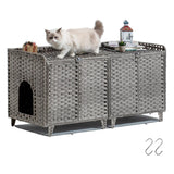 Garvee Double Litter Box Enclosure Furniture, Handwoven Rattan Litter Box Furniture for 2 Cats with Washable Litters Mat & 2 Hooks, Hidden Kitty Cat House for Living Room/Bedroom, Gray - Gray