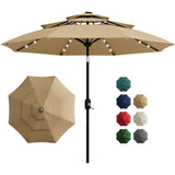 Garvee 3-Tier Solar Patio Umbrella with LED Lights, Vented Canopy, Easy Crank & Tilt, 8 Sturdy Ribs – Outdoor Market Parasol for Garden, Deck, Pool – 10ft, Tan
