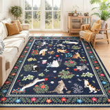 Garvee Non-Slip Washable Cat Print Area Rug – Low Pile, Mark Resistant, Modern Floral Bordered Carpet for Living Room, Bedroom, Dining Room, Entryway, Office, Childs Room – Blue, 5x7ft - Blue