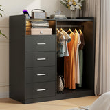 Garvee Dresser with Hanging Rack for Bedroom, 4 Drawer Dresser with LED Lights & Charging Station, Large Dressers & Chest of Drawers, Storage Organizer with Open Shelves for Living Room, Black - Black