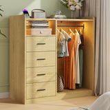 Garvee Dresser with Hanging Rack for Bedroom, 4 Drawer Dresser with LED Lights & Charging Station, Large Dressers & Chest of Drawers, Storage Organizer with Open Shelves for Living Room, Natural - Natural