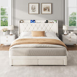 Garvee Velvet Upholstered Platform Bed Frame with Diamond Tufted Headboard, 3 Storage Drawers, Built-in Charging Station, Sturdy Wooden Slats, Noise-Free, No Box Spring Needed - Modern Bedroom Furniture, QUEEN light beige - Beige