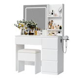 Garvee White LED Makeup Vanity Desk Set – Mirror with Adjustable 3-Color Lights, 4 Drawers, Power Outlet & USB Charging, Storage Stool, Open Shelves, Hair Dryer Holder – Compact Bedroom Dressing Table, White - White