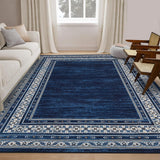 Garvee Bordered Navy Blue 4x6 Washable Modern Geometric Rug - Soft, Non-Slip, Ultra-Thin, Stain-Resistant Fabric - Machine Washable, Durable - Living Room, Bedroom, Playroom - Navy Blue