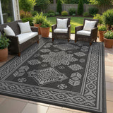 Garvee Waterproof Outdoor Rug 8x10 Reversible Plastic Straw Patio Rug Stain-Resistant Vintage Medallion Carpet Foldable Indoor Outdoor Rugs for Picnic, Backyard, Rv, Beach, Deck, Camper, Balcony, Black - Black & Gray