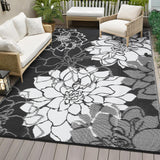 Garvee Outdoor Rugs 9x12 UV Resistant Waterproof Patio Rug, Reversible Plastic Straw, Portable with Stakes, Modern Floral for Deck Balcony - Black & White