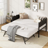 Garvee Daybed with Trundle, Twin Size Day Bed with Metal Slat Support & Lockable Casters, Wavy Headboard with Wood Grain, Space-Saving Sofa Bed for Living Room/Guest Room, No Box Spring Needed, Black - Black
