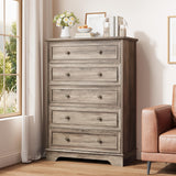 Garvee Farmhouse 5 Drawer Dresser for Bedroom - Vertical Chest Cabinet with Large Storage - Tall Organizer for Living Room or Hallway - Gray Oak, Washed Gray Finish - Color: Washed Gray - Gray Oak