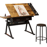 Garvee Height-Adjustable Drafting Table with Stool - 0-75° Tilting Drawing Desk with 2 Storage Drawers, Watercolor Art Workstation for Drawing, Painting, Crafting, Writing, and Sketching in Home or Office