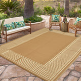 Garvee Brown Coffee Outdoor Area Rug 10x14ft – Modern Striped Bordered Plastic Mat, Waterproof, UV Resistant, Easy Clean, Durable Washable Carpet for Garden, Backyard, Patio, Camping - Brown