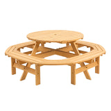 Garvee 8-Person Round Wooden Picnic Table Set, Outdoor Patio Dining Table with 4 Built-In Benches, Umbrella Hole for Backyard, Garden & Camping, Natural Wood - Natural Wood