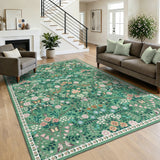 Garvee 5x7 Area Rugs for Living Room, Floral Washable Rug Vintage Large Soft Botanical Non Slip Carpet Indoor Stain Resistant Floor Carpets for Bedroom Dining Room Farmhouse Nursery, Green - Green