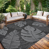 Garvee Outdoor Patio Rug 9x18 Waterproof Reversible Monstera Leaf Design Polypropylene Durable UV-Resistant Plastic Straw Foldable for RV Camping - Black & Gray