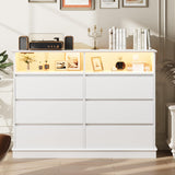 Garvee Modern 6-Drawer Dresser with LED Lights & Charging Station - Wide Chest of 6 Drawers with Open Storage Shelves for Bedroom, Living Room, Hallway, or Closet, White - White
