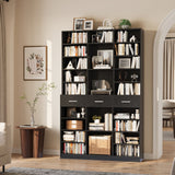 Garvee 75" Tall Bookcase with Drawers, 47" Wide Large 9-Tier Farmhouse Wooden Bookshelf Storage Cabinet with Adjustable Shelves for Living Room Office, Black - Black