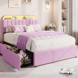 Garvee Full Size Velvet Upholstered Platform Bed Frame with Storage Drawers, Adjustable Bookcase Headboard, LED Lights, Noise-Free, Easy Assembly, No Box Spring Required - Purple, Full Size - Purple