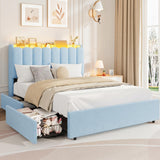 Garvee Full Size Kids Bed Frame with Storage, RGB LED Headboard, Plush Boucle Upholstery, Metal Frame, 2 Drawers, Purple, Bedroom - Fresh Blue