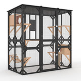 Garvee 70" Large Catio with Window Access, Outdoor Walk-in Cat Enclosure for Cats, Wooden Cat Patio with Asphalt Roof, Platforms, Scratch Post, Bridge & Condo Black - Black