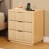 Garvee Nightstand with 3 Drawers, Fluted Bedside Table with Outlet, Light Wood Night Stand with Storage, Modern End Table with Metal Handle for Bedroom and Living Room, Space Saving
