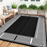 Garvee Waterproof Reversible Outdoor Rug 9x12ft - Black & White Plastic Straw Area Mat - Modern Striped Edge, Mark Resistant, Collapsible - Ideal for Patio, Garden, Deck, RV, Backyard - Black & White