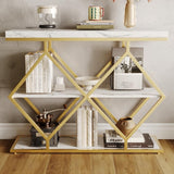 Garvee Farmhouse 3-Tier Entryway Table with Storage Shelves and Geometric Dismond Legs for Living Room, Foyer and Entryway, White - White