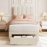 Garvee Wave Headboard Twin Flannel Bed Frame with Under-Bed Storage Drawer - Velvet Upholstered Platform, Strong Wooden Slats, Noise-Free, Easy Assembly, No Box Spring Needed, Ideal for Girls or Kids, Color: Off- (TS), Size: Twin Flannel - Velvet|Beige