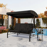 Garvee 3-Seat Outdoor Porch Swing with Adjustable Canopy, Patio Swing Chair with Stand, 800 Lbs Heavy Duty Steel Frame, Reclines to 180° Swing Bed, Cup Holder Trays, Cushions & Pillows for Garden, Black - Black