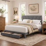 Garvee Queen Size Velvet Upholstered Bed Frame with 2 Storage Drawers, Padded Headboard, Wooden Slats Support, Easy Assembly, Grey, Modern Bedroom - Grey