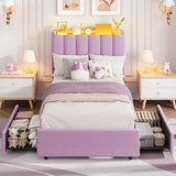 Garvee Twin Size LED Bed Frame with 2 Drawers, Upholstered Platform, RGB Headboard, Steel Frame, Wavy Design, No Box Spring, Girls Bedroom - Purple