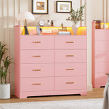 Garvee 8 Drawer Dresser for Bedroom - 47.2” Wide Double Chest of Drawers with LED Light and Charging Station, Modern Large Cabinet Organizer with Open Shelf for Living Room, Entryway, Hallway, Pink - Pink