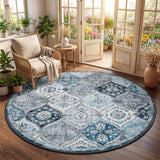 Garvee Washable North African Trellis Area Rug – Mark Resistant, Non-Slip, Soft Low Pile Vintage Carpet for Living Room, Bedroom, Nursery – 6ft Round, Gray-Blue - Blue