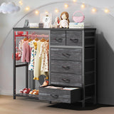 Garvee 6-Drawer Fabric Dresser Organizer with Hanging Rail, Open Shelf, Wooden Top, LED Lights & Charging Station – Metal Frame Closet Storage for Bedroom, Living Room – Grey – 6 Compartments - Drak Gray - 6 Drawers