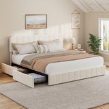 Garvee Velvet Upholstered Platform Bed Frame with 4 Storage Drawers - Adjustable Vertical Channel Tufted Headboard - Sturdy Wood Slats Support - No Box Spring Needed - Easy Assembly - Bedroom Furniture - cream shade, King Size - Beige