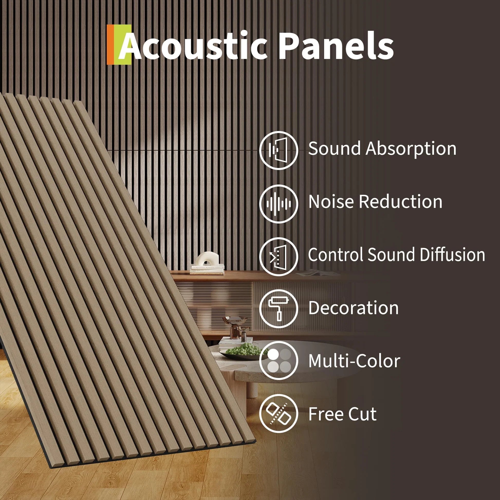Garvee Set of 6 Modern 3D Fluted Acoustic Wood Slat Wall Panels 47.2" x 23.6" Soundproof Decorative Panels for Home Theater, Office, Studio and Interior Walls, Walnut