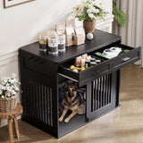 Garvee Heavy Duty Wooden Dog Crate Furniture with Sliding Barn Door and 2 Storage Drawers, Indoor Dog Kennel End Table with Hook, Farmhouse Style Dog Crates for Medium/Large Dogs, Black - Black|Drawers