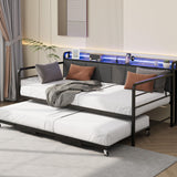 Garvee Twin Size Metal Daybed with Pop-Up Trundle – Linen Upholstered Storage Headboard, Built-in Charging Station & LED Light – Heavy Duty Frame, Space-Saving for Bedroom, Living Room, Guest Room – Black Tube + Linen Gray - Black(Linen)