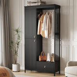 Garvee Modern Armoire Wardrobe Closet, Wood and Metal Frame Clothes Storage Organizer with Double Closed Doors, Open Hanging Rod, Bottom Drawer, Freestanding Bedroom Furniture for Small Spaces, Black - Black