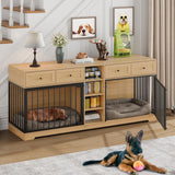 Garvee 82” Large Dog Crate for 2 Dogs, Dog Kennel Indoor with 4 Drawers and Shelves, Double Dog Crate Furniture TV Stand, Wooden Dog Cage for Medium Large Dogs, Natural - Natural