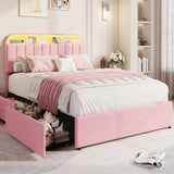 Garvee Velvet Upholstered Full Size Bed Frame for Kids Girls with Storage Drawers, Bookcase Headboard, LED Lights, Noise-Free, Easy Assembly, No Box Spring Needed - Pink, Full Size - Pink